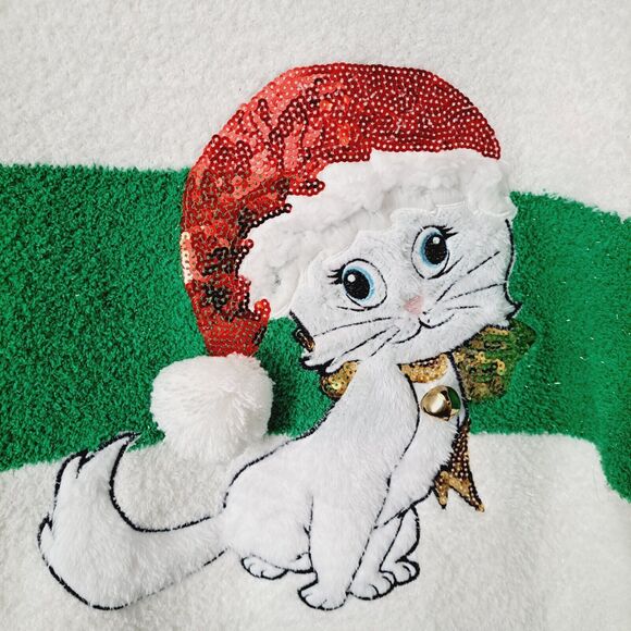 Merry Christmas by Poof Sweater Sz Medium Green White Sparkle Kitty Hat Bell NWT - Picture 7 of 16